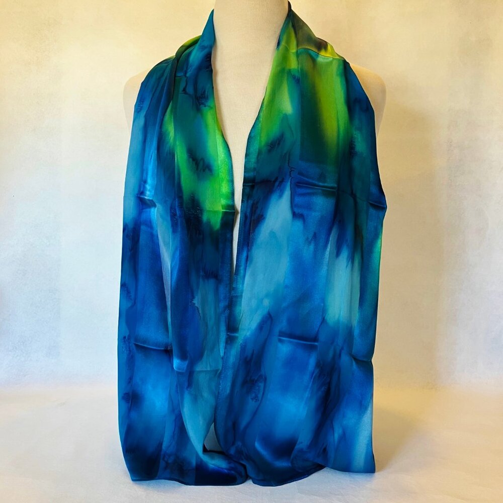 Hand Painted Silk Scarf Marine Light Blue Turquoise Lime Green Neck Head New